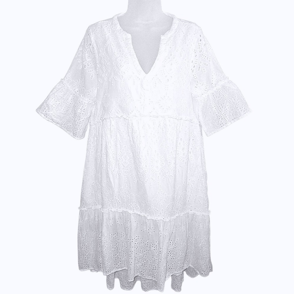 Sundance Jasmine White Eyelet Tiered Ruffle Dress Sz PM Beachy Boho Western